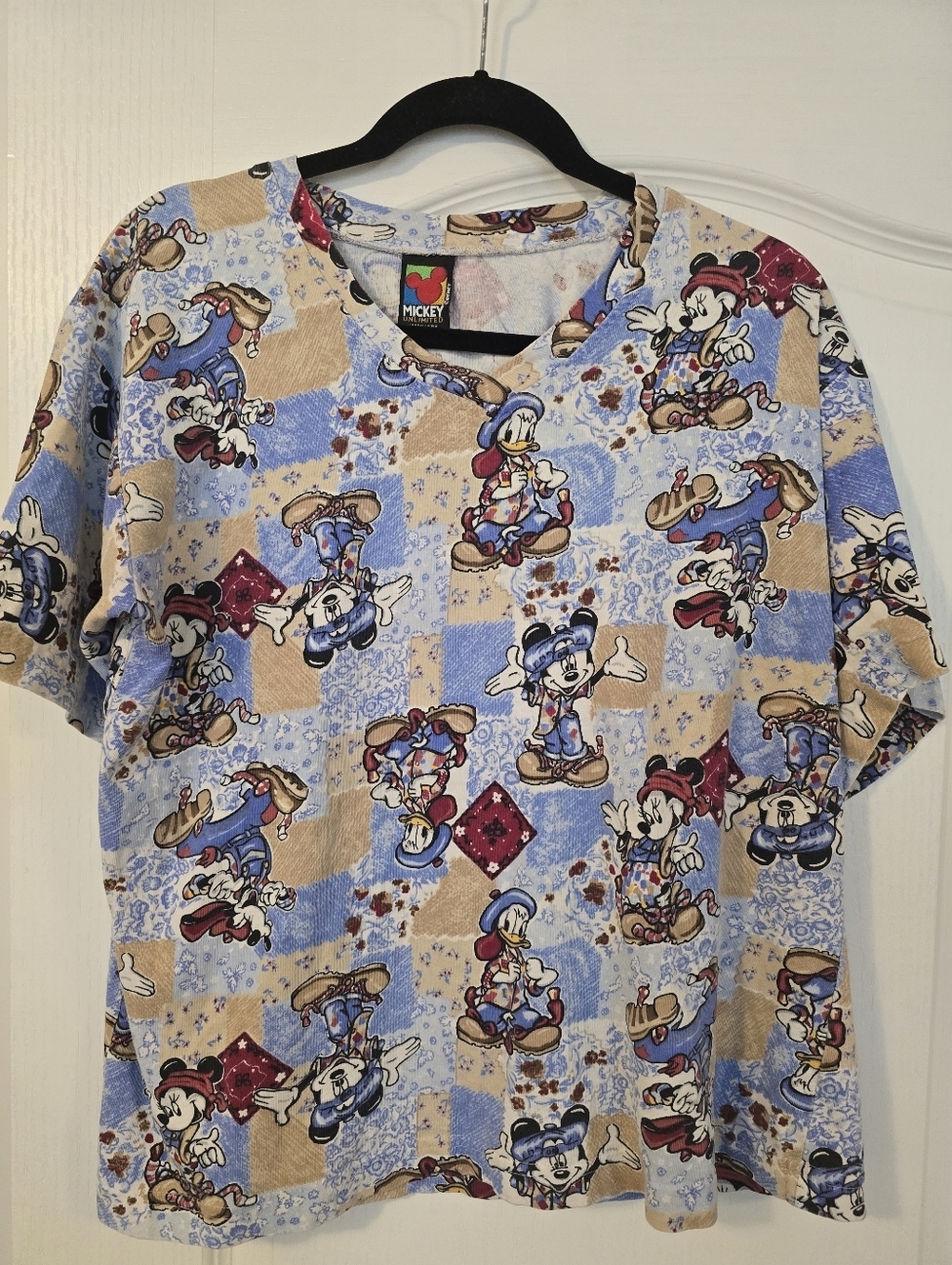 Vintage 90s Mickey Unlimited Multicolor AOP V Neck Tt Size Large Jerry Leigh